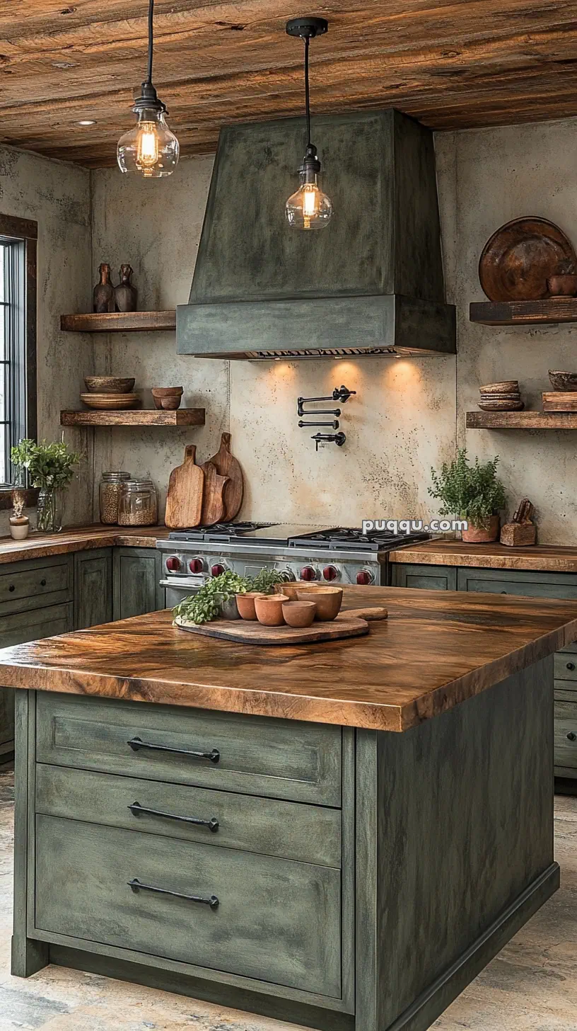 Rustic kitchen with wooden cabinetry, an island with wooden countertop, open shelves, and vintage lighting.