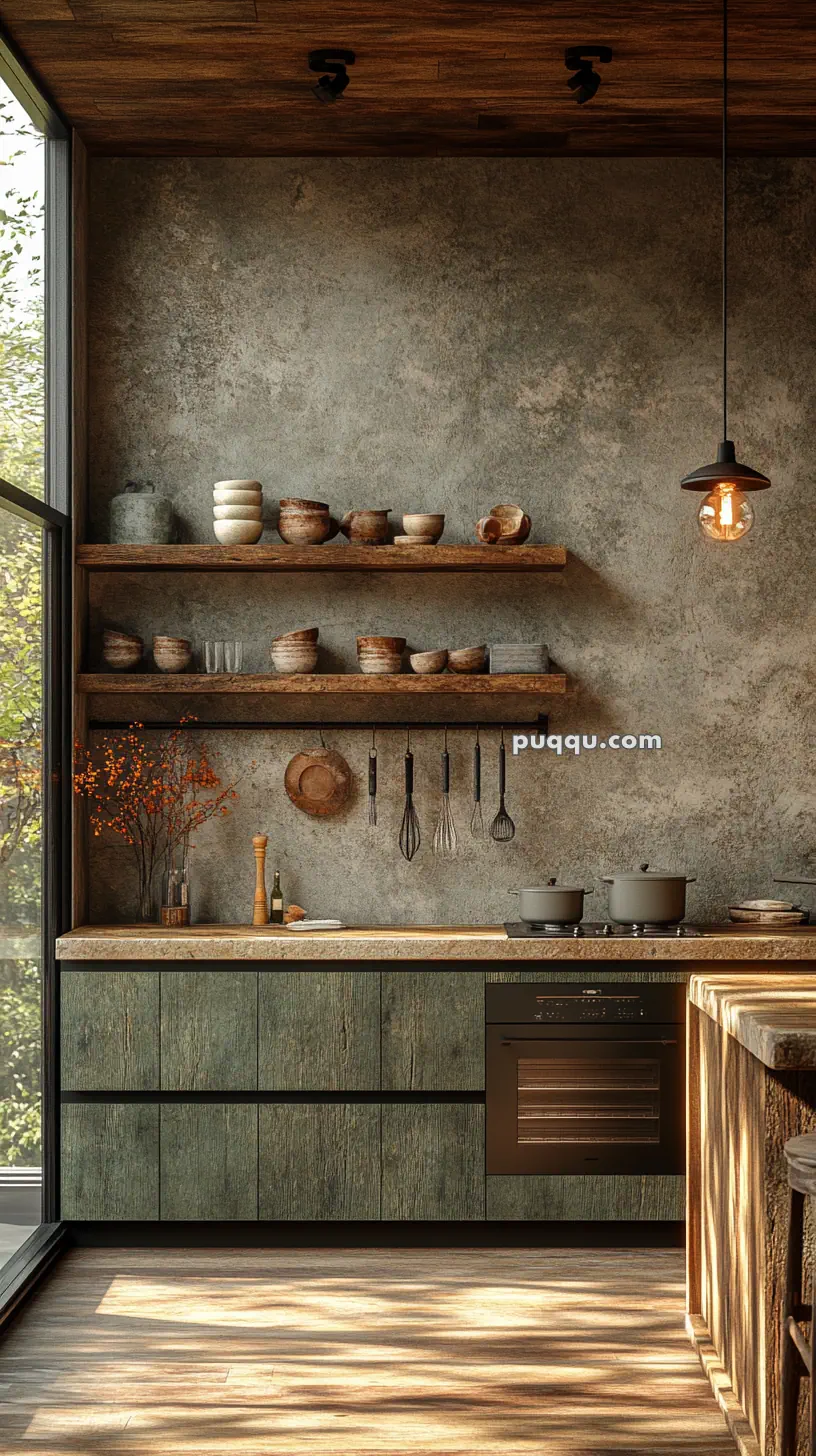 Modern kitchen with open shelves displaying rustic pottery, utensils hanging on the wall, and a countertop with cooking pots. The room features a wood ceiling and large window, creating a warm, natural light atmosphere.