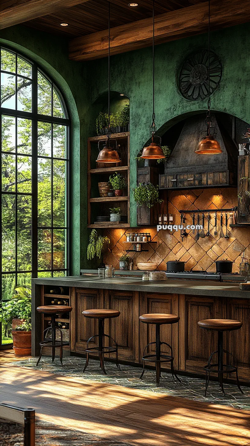 Cozy kitchen with rustic decor, featuring wooden cabinets, bar stools, green walls, pendant lights, and a large arched window overlooking a garden.