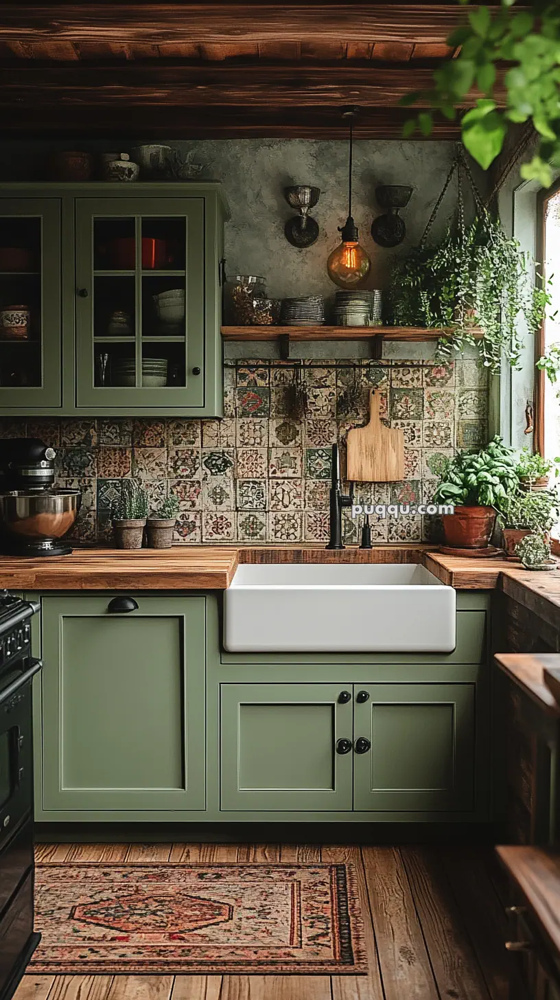 Cozy kitchen with green cabinets, farmhouse sink, wooden countertops, patterned tile backsplash, hanging plants, and warm lighting.