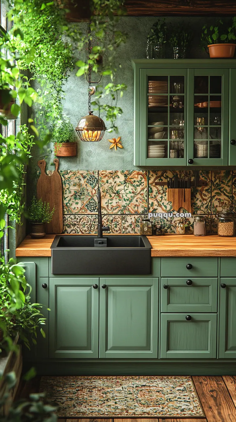 Cozy kitchen with green cabinets, black sink, patterned backsplash, wooden countertop, hanging plants, and warm lighting.