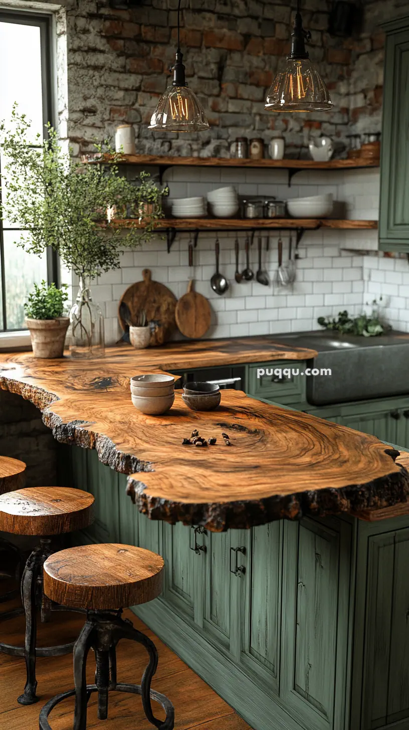 Rustic kitchen with a live-edge wood countertop, green cabinetry, hanging pendant lights, brick and white tile walls, open shelving, and wooden stools.