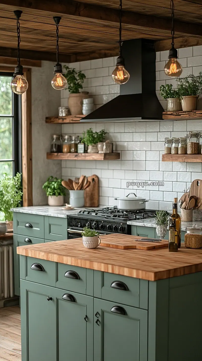 Rustic kitchen with green cabinets, wooden butcher block countertop, open shelves with jars and plants, subway tile backsplash, and hanging Edison bulbs.