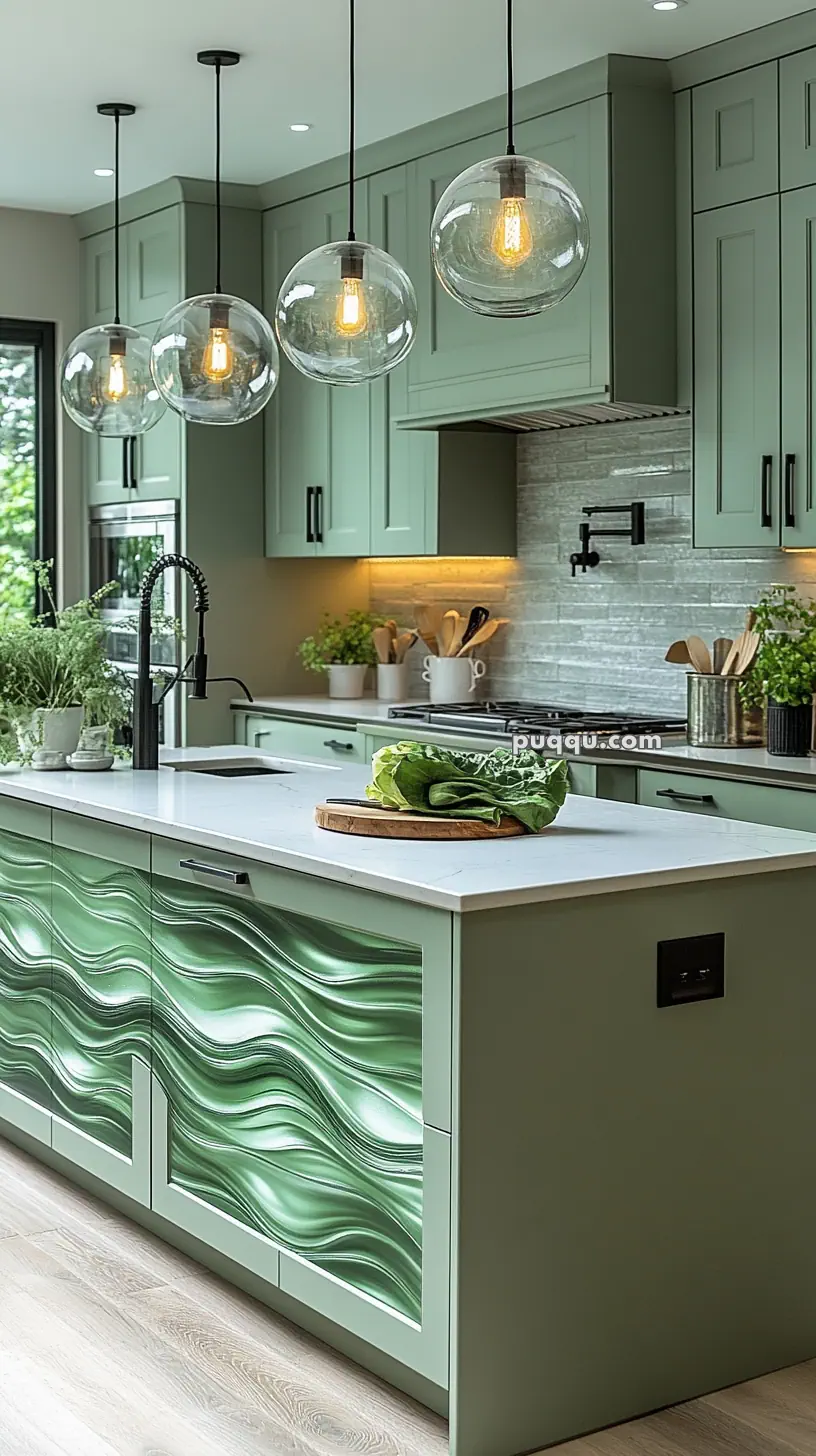 Modern kitchen with sage green cabinets, a white countertop, a wave-patterned green island, pendant lights, and greenery accents.