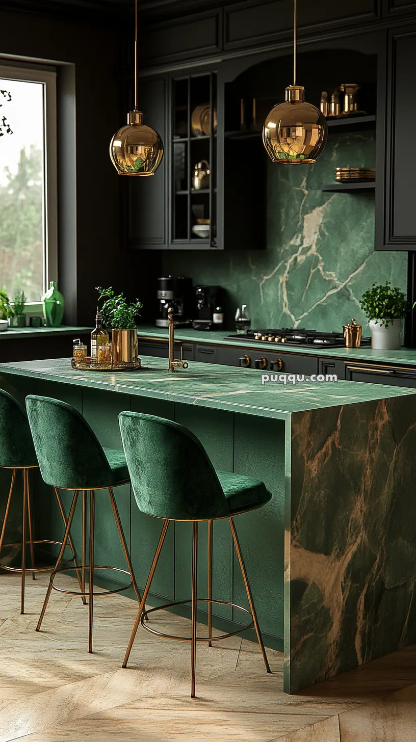 Modern kitchen with green marble countertops, dark cabinetry, gold accents, velvet green bar stools, and pendant lights.