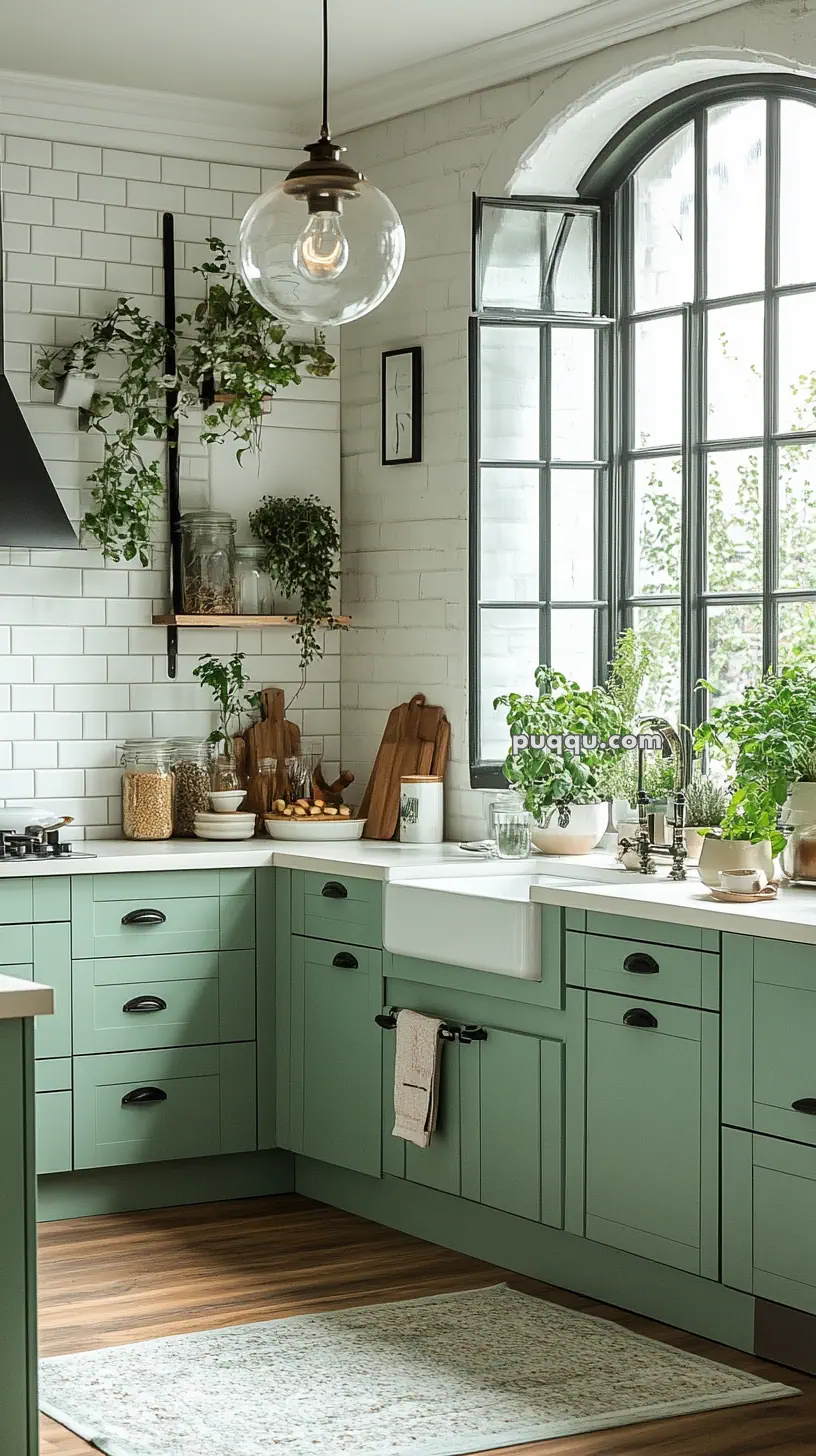 A cozy kitchen with mint green cabinets, white subway tile backsplash, wooden countertops, potted plants, large arched window, and a hanging glass pendant light.