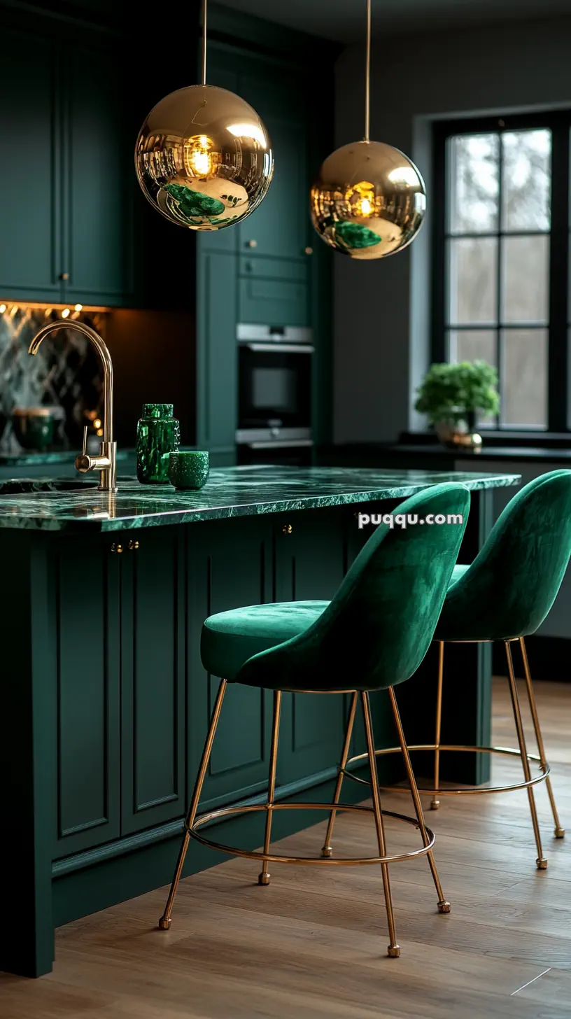 Luxurious kitchen with dark green cabinetry, a marble countertop, green velvet bar stools, and gold pendant lights.