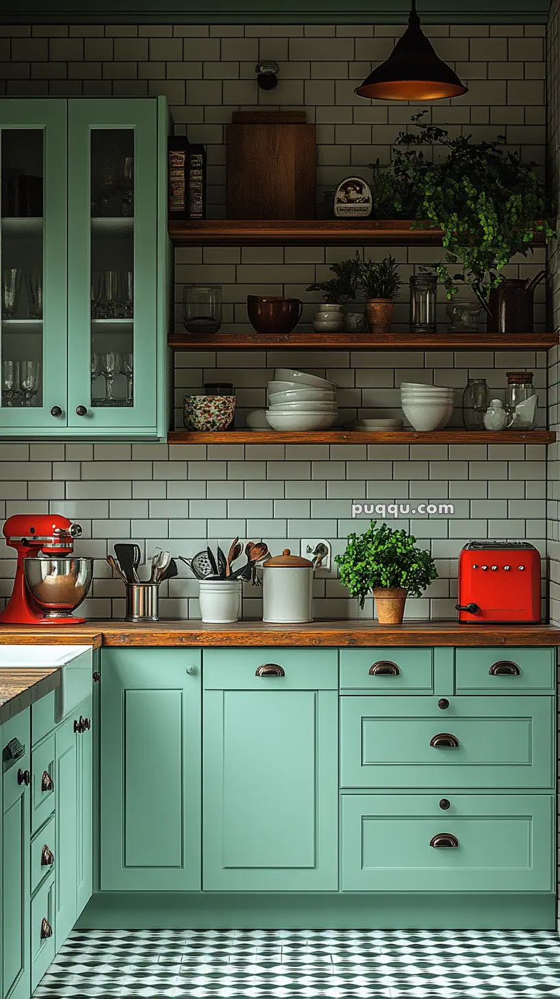 A kitchen with mint green cabinets, wooden shelves, white subway tile backsplash, a red stand mixer, a red toaster, and various kitchen utensils and plants.