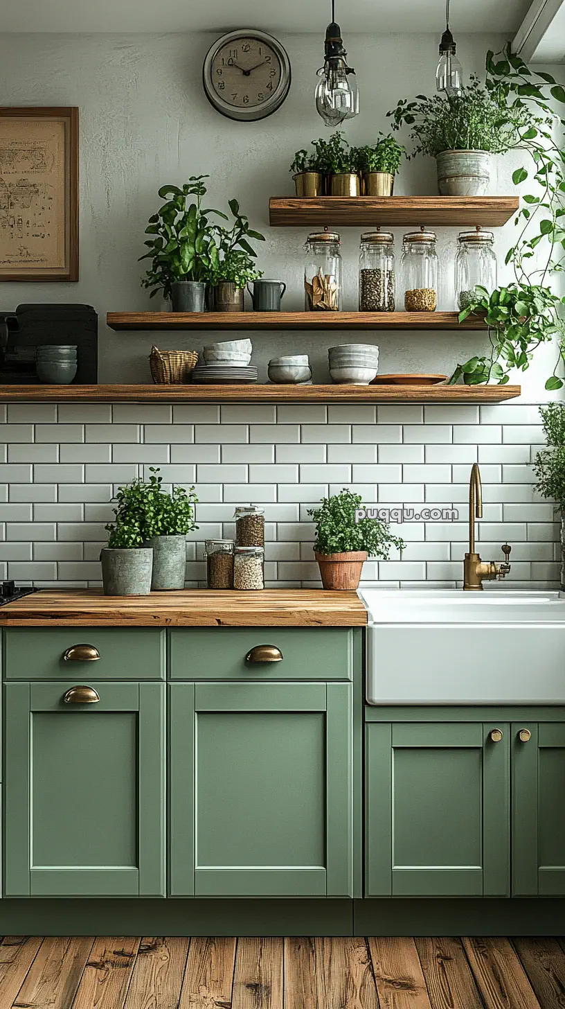 A cozy kitchen with green cabinets, wooden shelves adorned with potted plants and jars, white subway tile backsplash, and a farmhouse sink with a brass faucet.