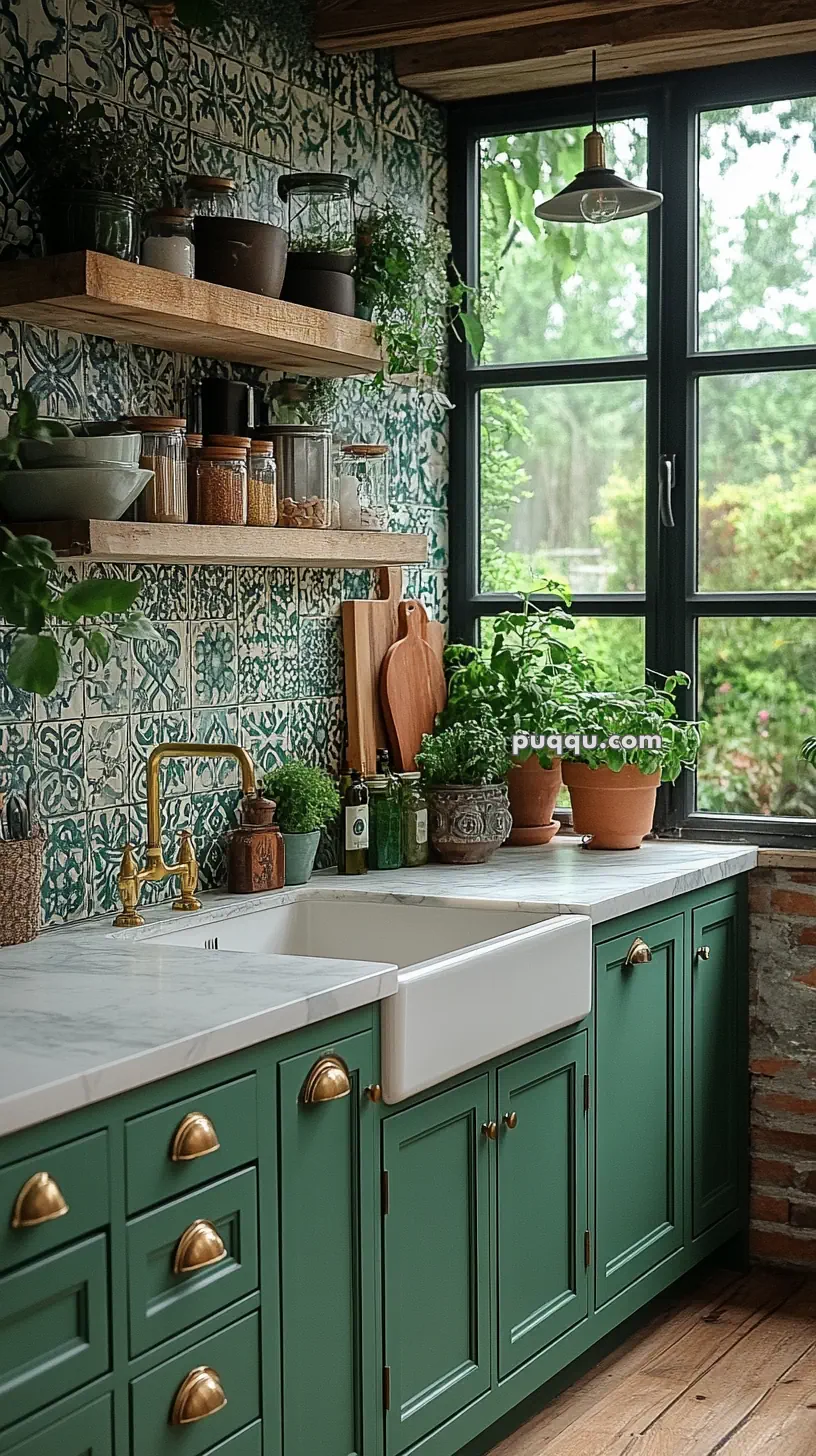 Cozy kitchen with green cabinets, a farmhouse sink, wooden shelves with jars and plants, and a patterned tile backsplash near a large window.