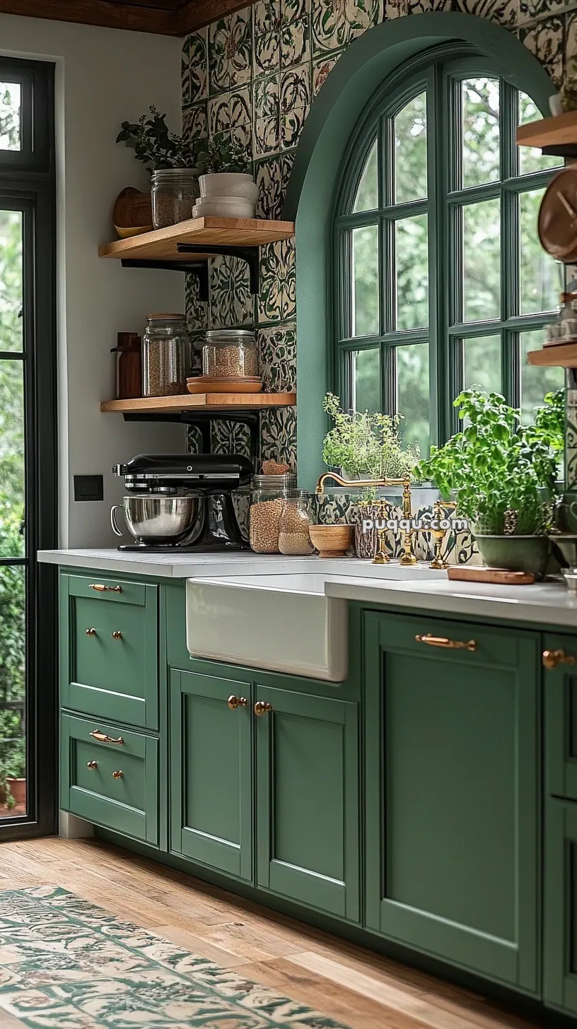 A kitchen with green cabinets, patterned tile backsplash, wooden shelves with jars and plants, a large window, and a farmhouse sink.