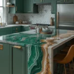 A modern kitchen with green cabinets, hexagonal tile backsplash, brass fixtures, and a striking green and brown marble countertop island.