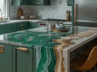 A modern kitchen with green cabinets, hexagonal tile backsplash, brass fixtures, and a striking green and brown marble countertop island.