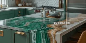 A modern kitchen with green cabinets, hexagonal tile backsplash, brass fixtures, and a striking green and brown marble countertop island.