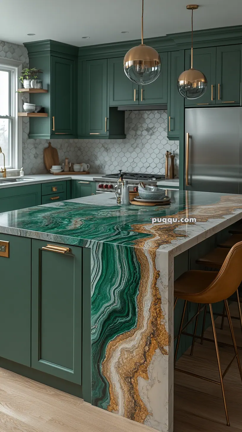 A modern kitchen with green cabinets, hexagonal tile backsplash, brass fixtures, and a striking green and brown marble countertop island.