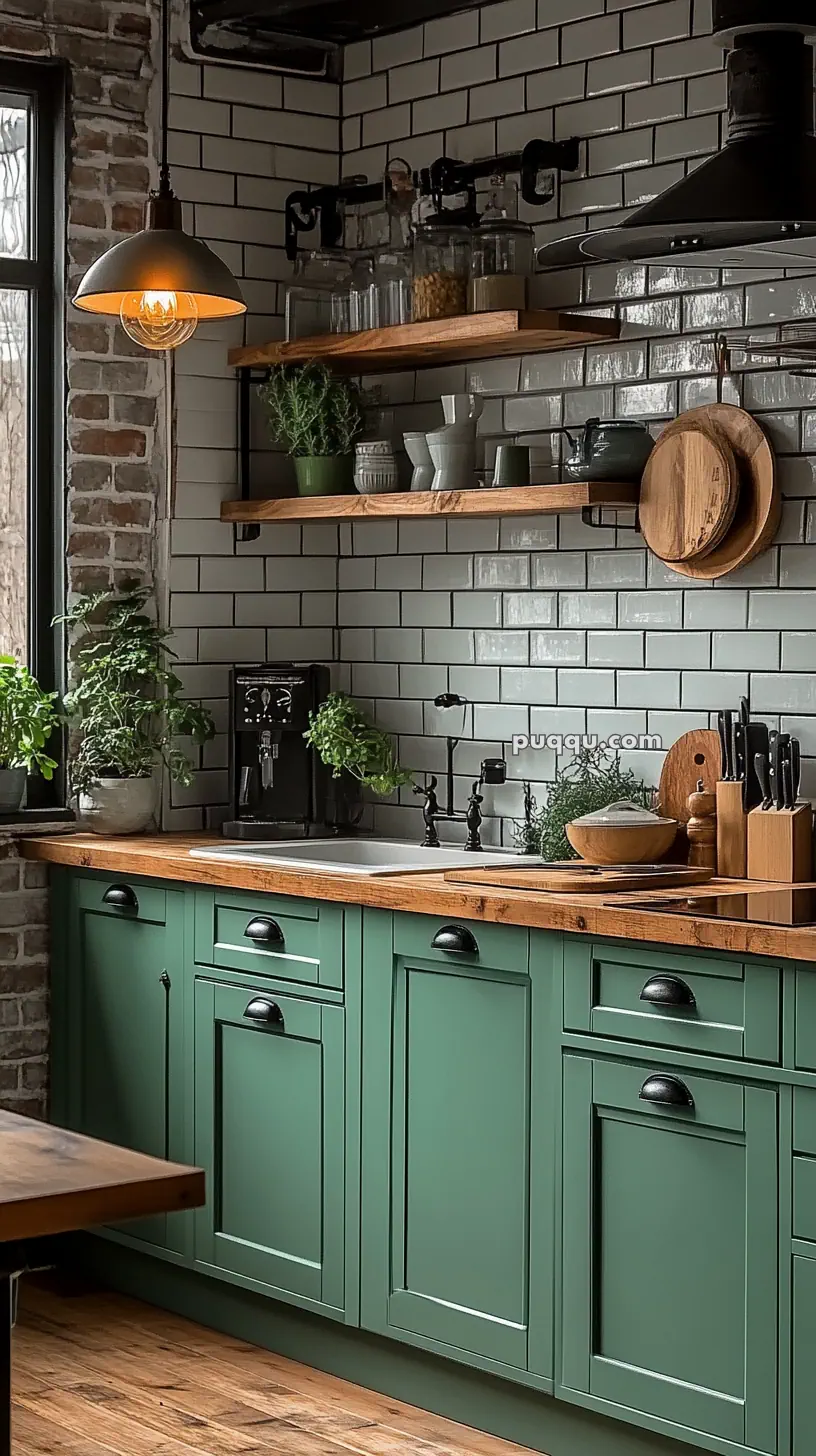 Cozy kitchen with green cabinets, wooden countertops, white subway tiles, a hanging lamp, plants, and shelves with kitchenware.