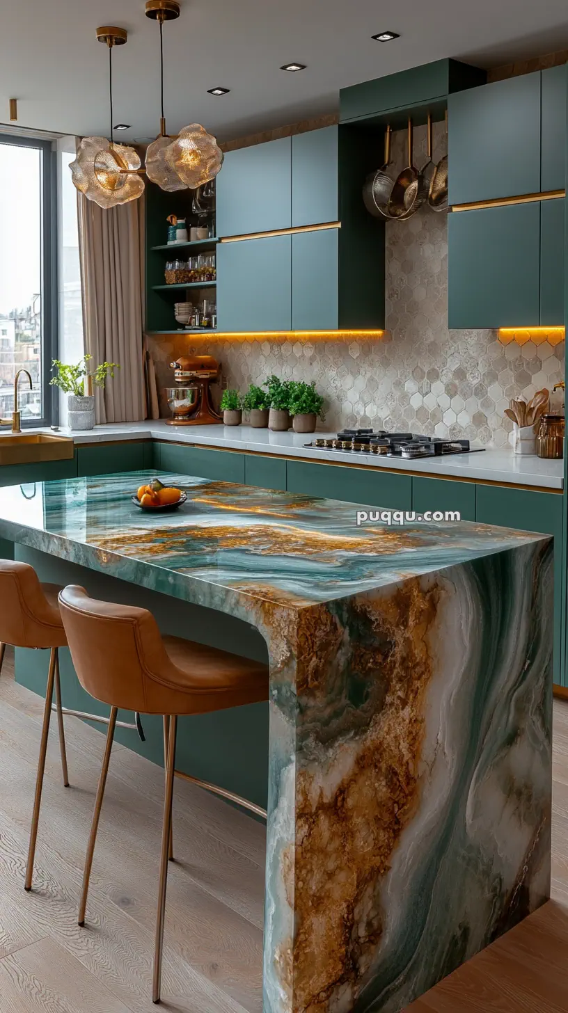 Modern kitchen with teal cabinetry, hexagonal backsplash, and a large, glossy, multicolored stone island with bar stools.