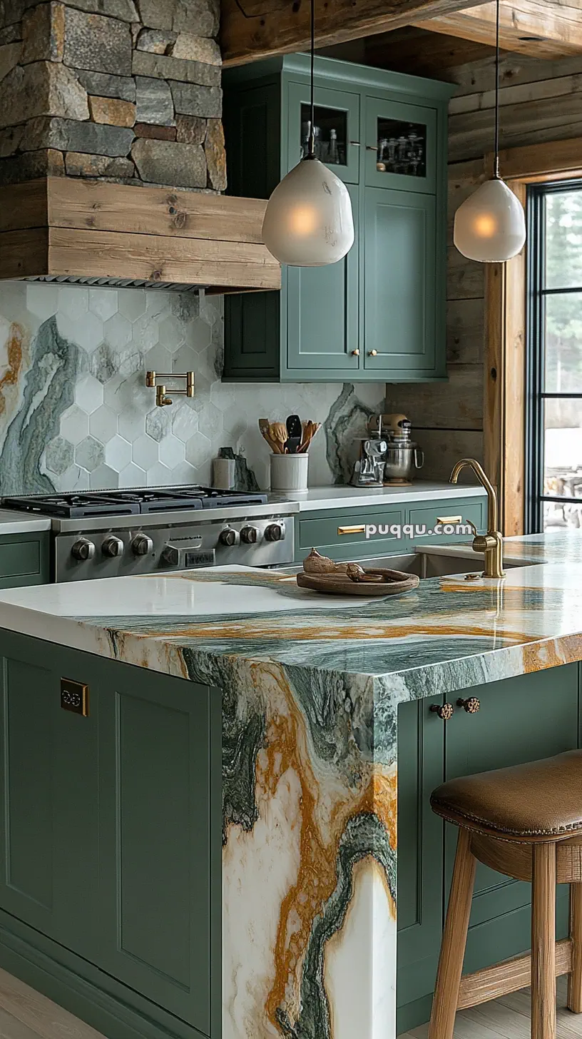 Rustic kitchen with green cabinets, a stone and wood range hood, striking natural stone countertops, hexagonal tile backsplash, and pendant lighting.