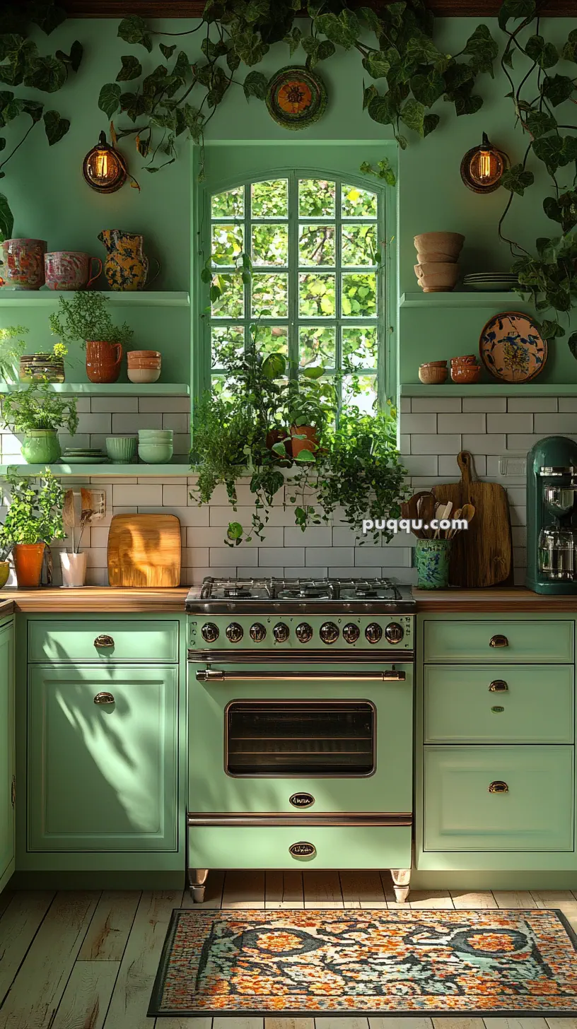 Cozy vintage kitchen with mint green cabinets, a classic oven, white subway tiles, and lush plants around a window.