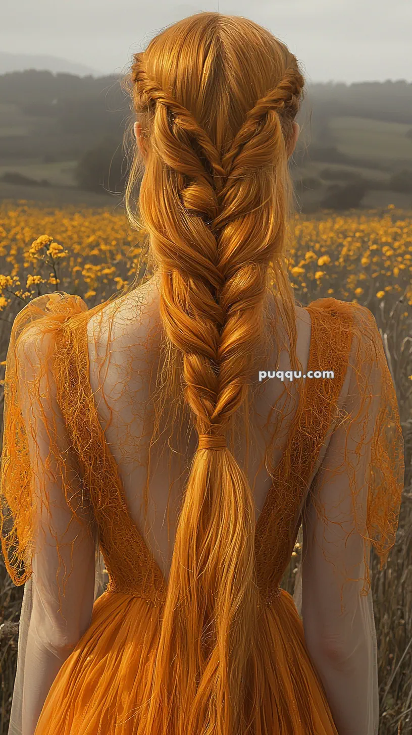 A woman with long orange hair braided down her back stands in a field of yellow flowers wearing an orange dress.