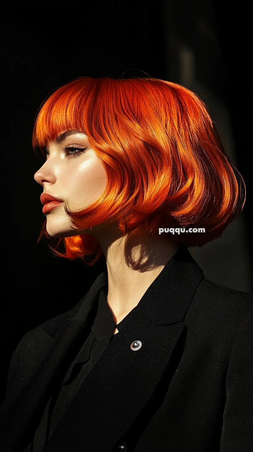 A woman with bright orange bobbed hair and a black blazer, facing sideways against a dark background.