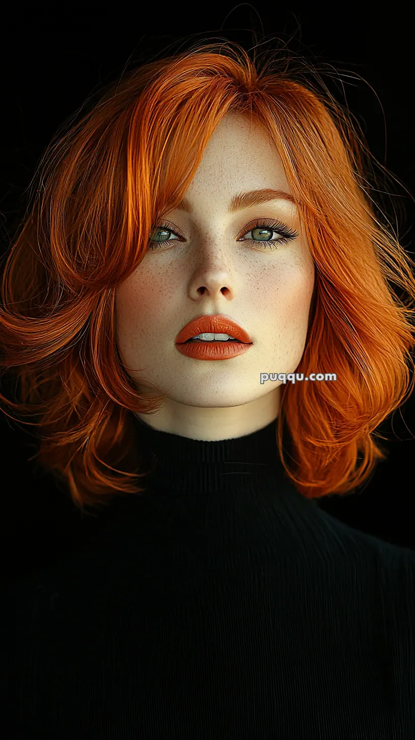 Person with vibrant red hair and freckles, wearing a black turtleneck against a dark background.