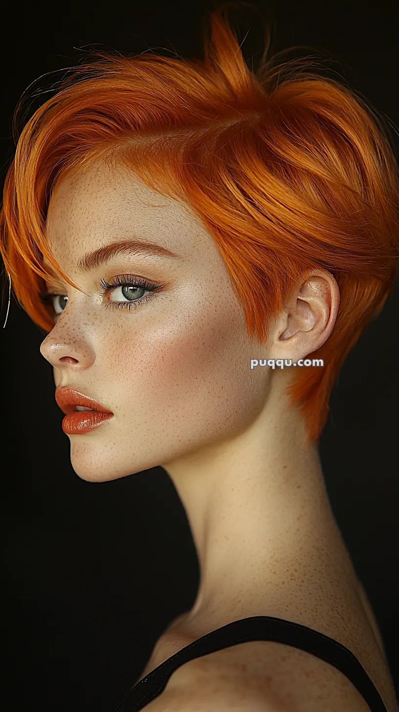 A person with bright orange short hair and freckles faces sideways against a dark background.