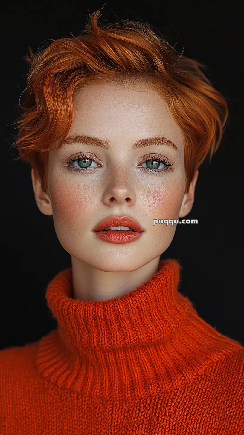 A person with short red hair wearing an orange turtleneck sweater against a dark background.