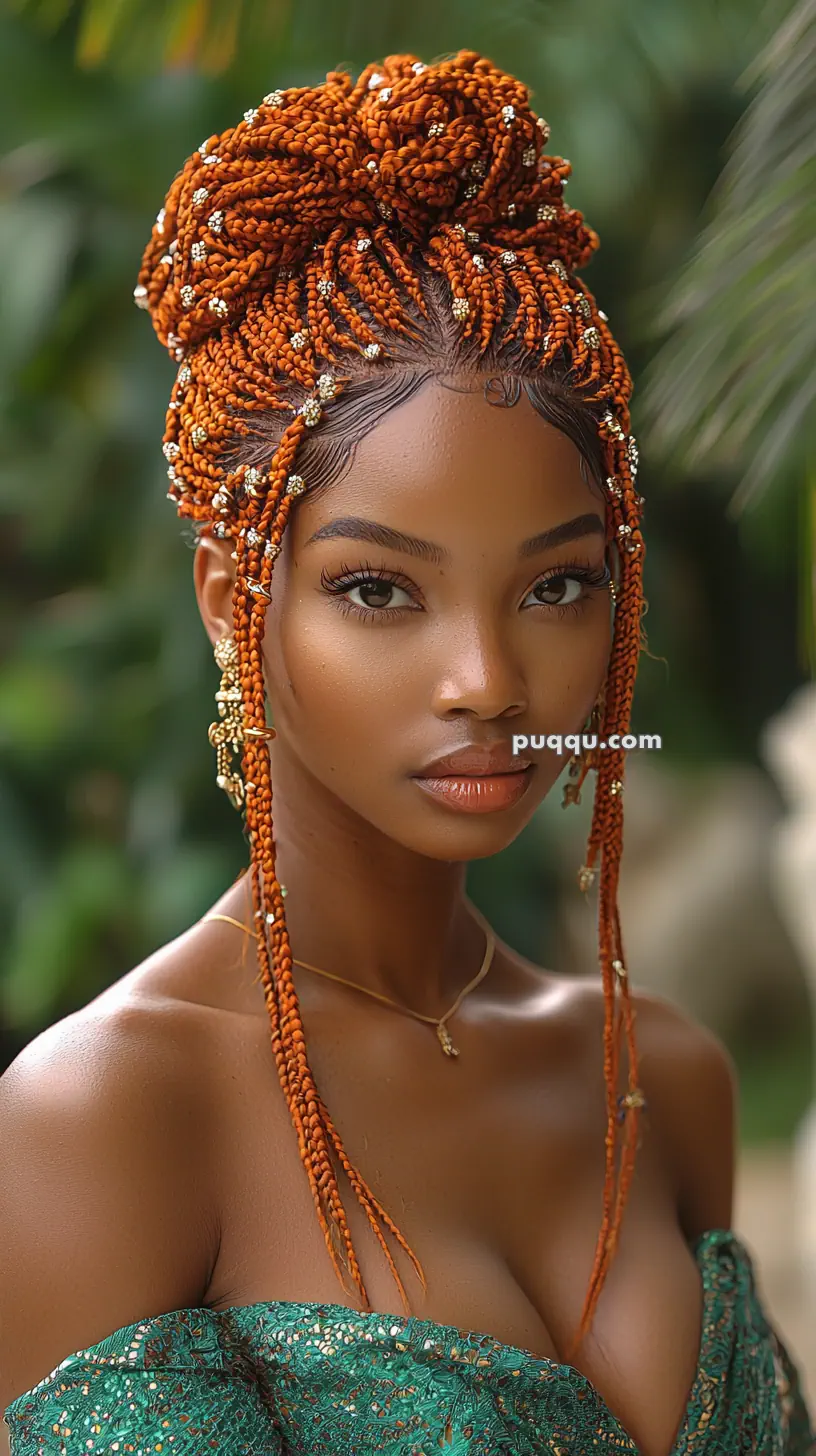 A woman with intricate orange braids adorned with beads, wearing an off-shoulder green dress.