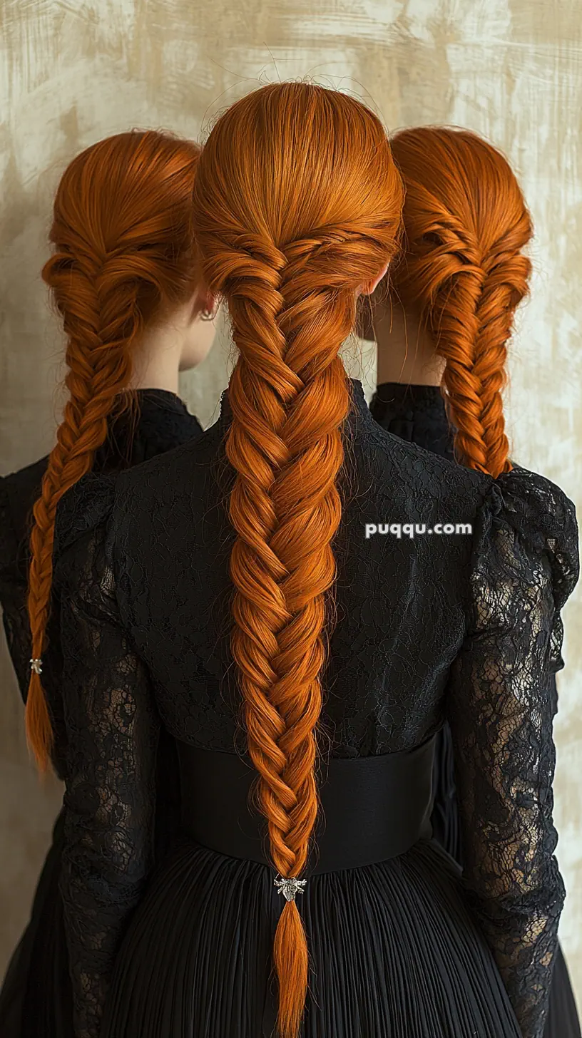 Three women with long, braided red hair wearing black lace dresses, standing with their backs to the camera.