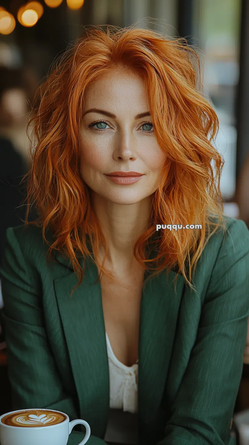 A woman with wavy red hair wearing a green blazer, sitting at a table with a cup of coffee in front of her.