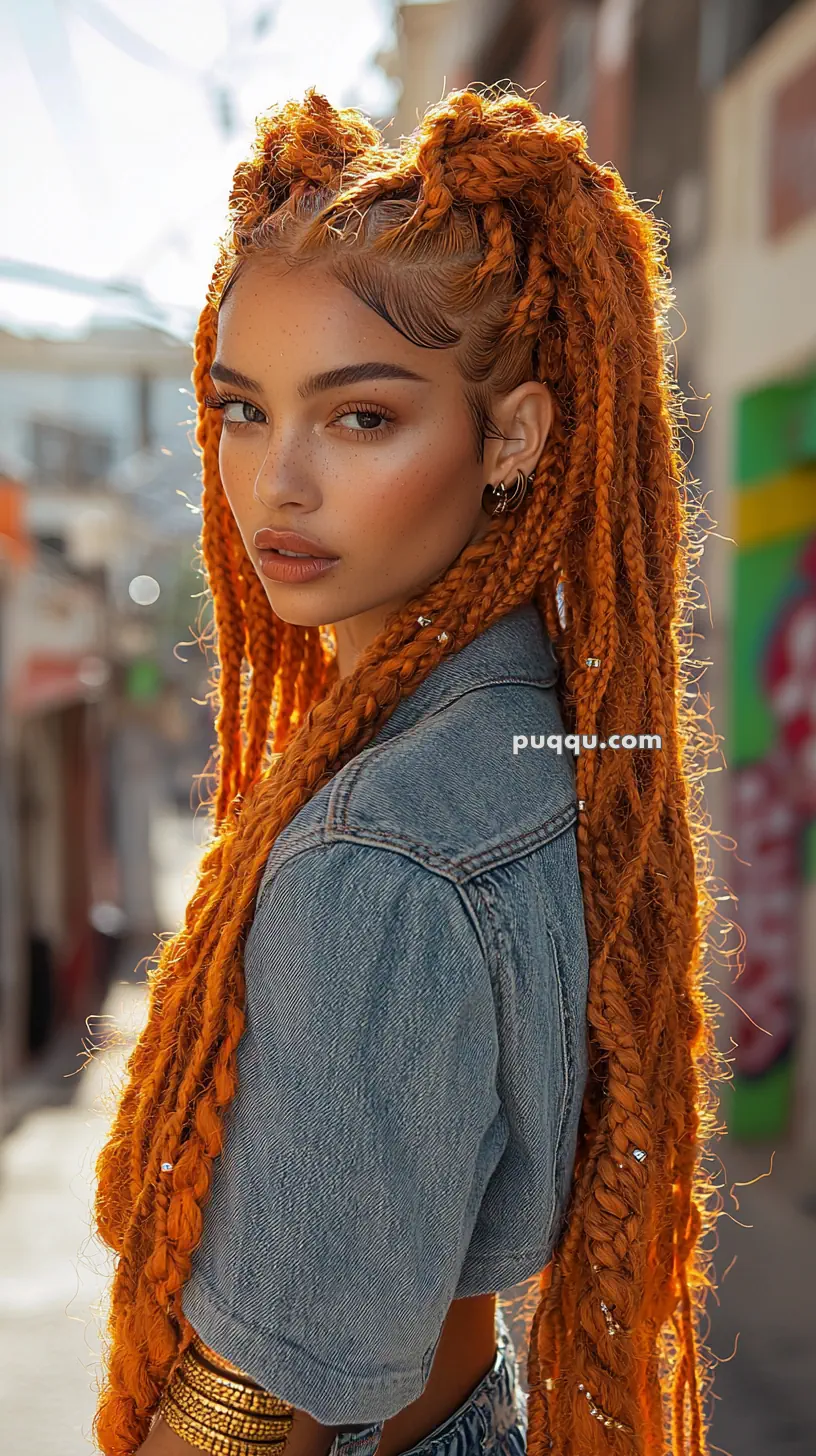 A person with long orange braids and wearing a denim jacket stands in a sunlit outdoor setting.