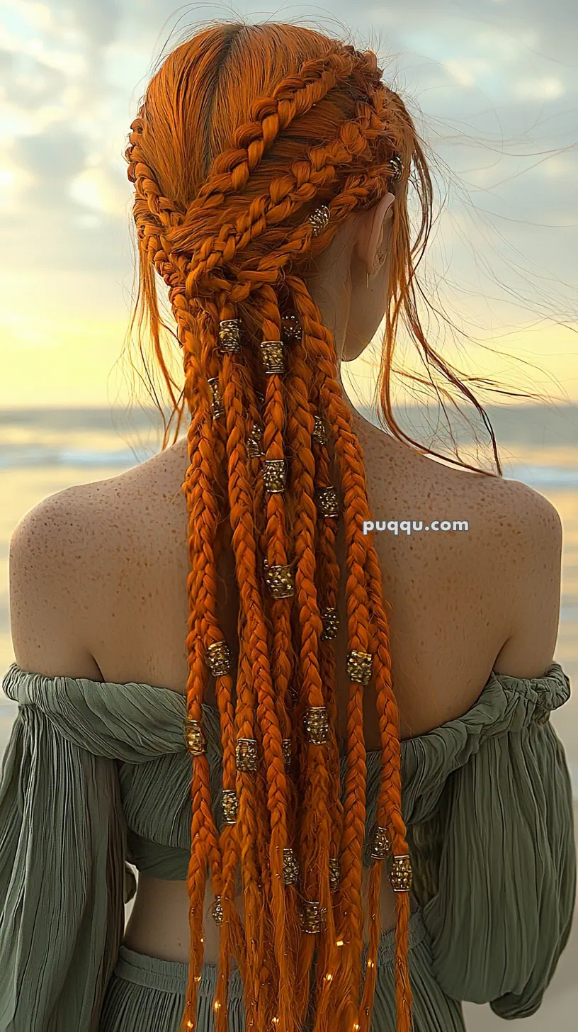 A person with long, orange braided hair adorned with gold hair cuffs, standing on a beach at sunset.