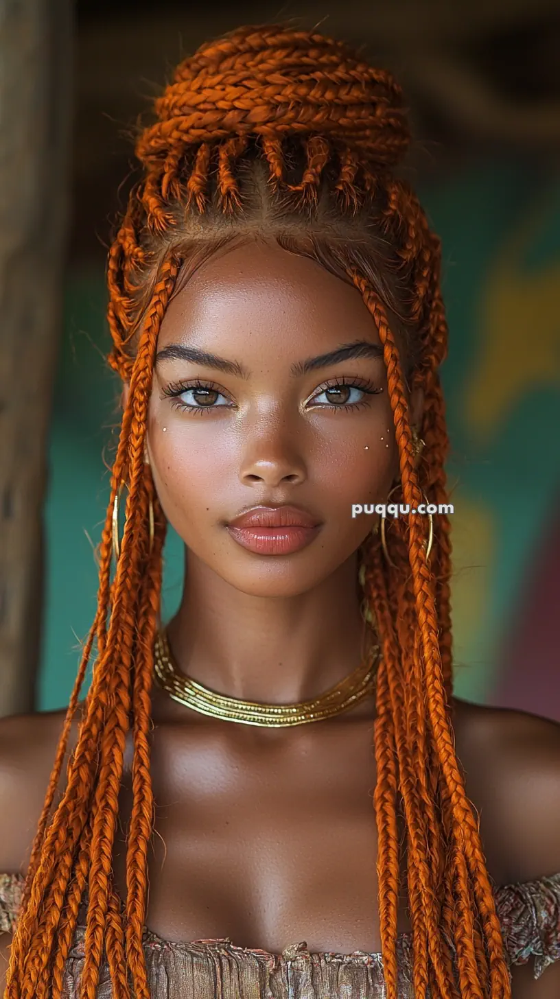 A woman with orange braided hair styled in an updo, wearing gold accessories and a patterned top, looking directly at the camera.