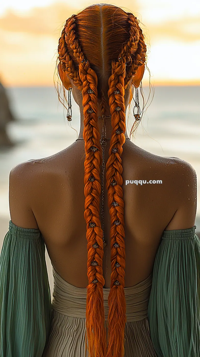 Woman with long braided orange hair styled in multiple braids, wearing a green off-the-shoulder dress, standing by the sea.