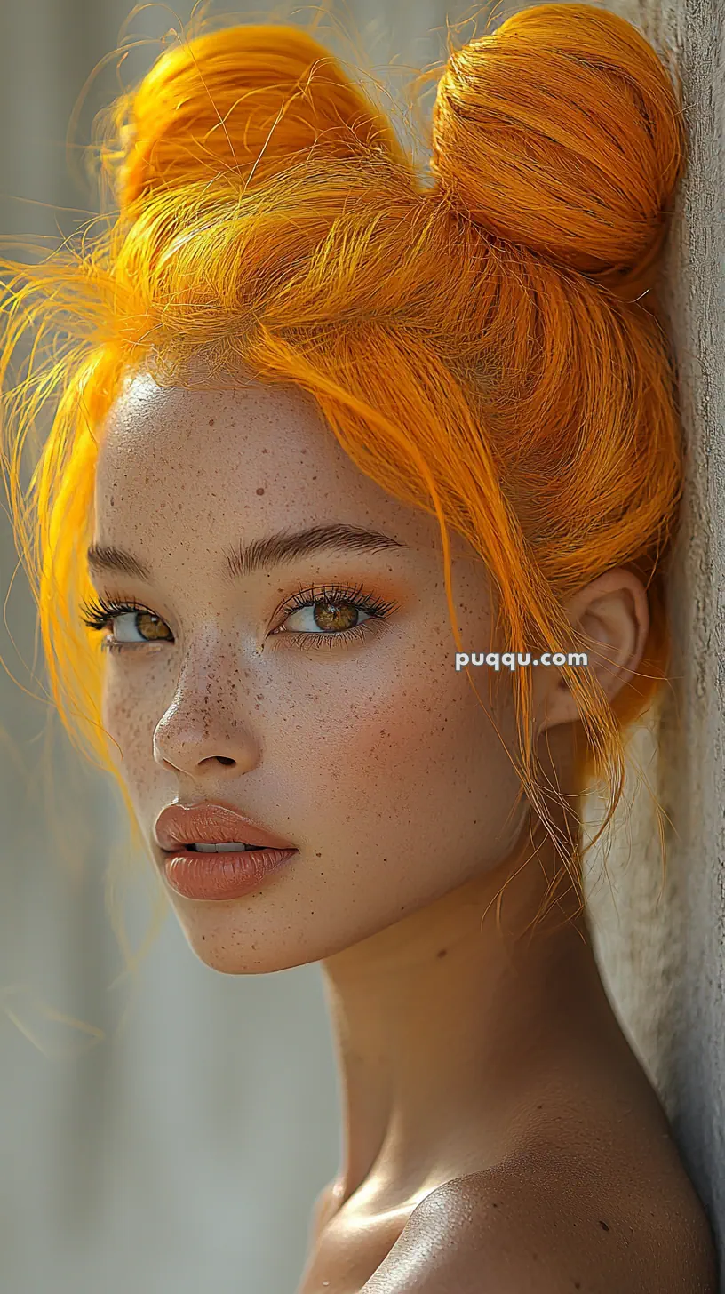 A woman with bright orange hair styled in two buns and freckles on her face gazes into the distance.