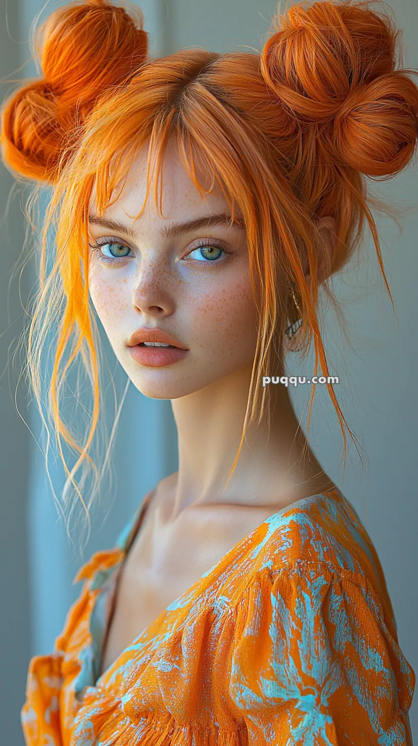 A person with orange hair styled in double buns, wearing a patterned orange top, looking at the camera.