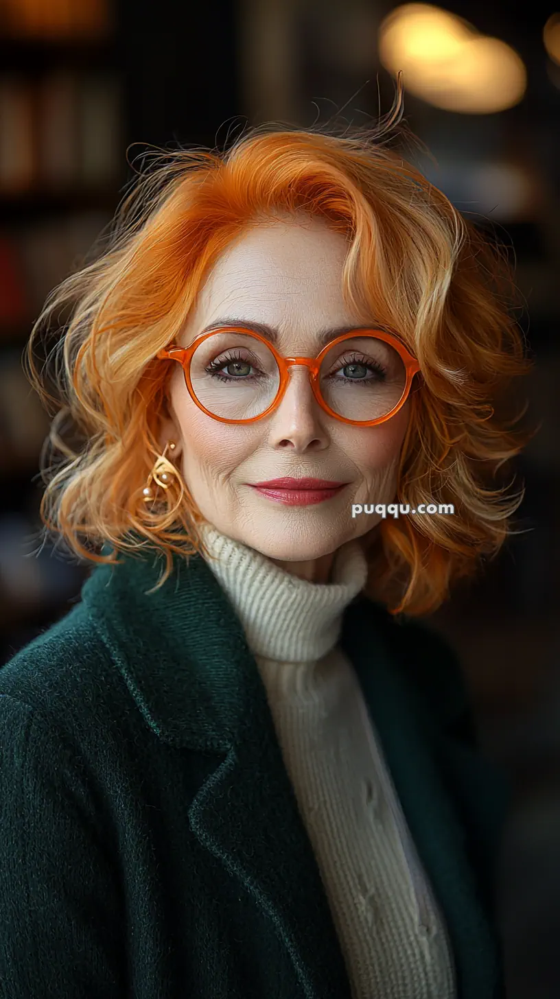 A woman with orange hair and glasses, wearing a dark green coat and a cream turtleneck sweater.