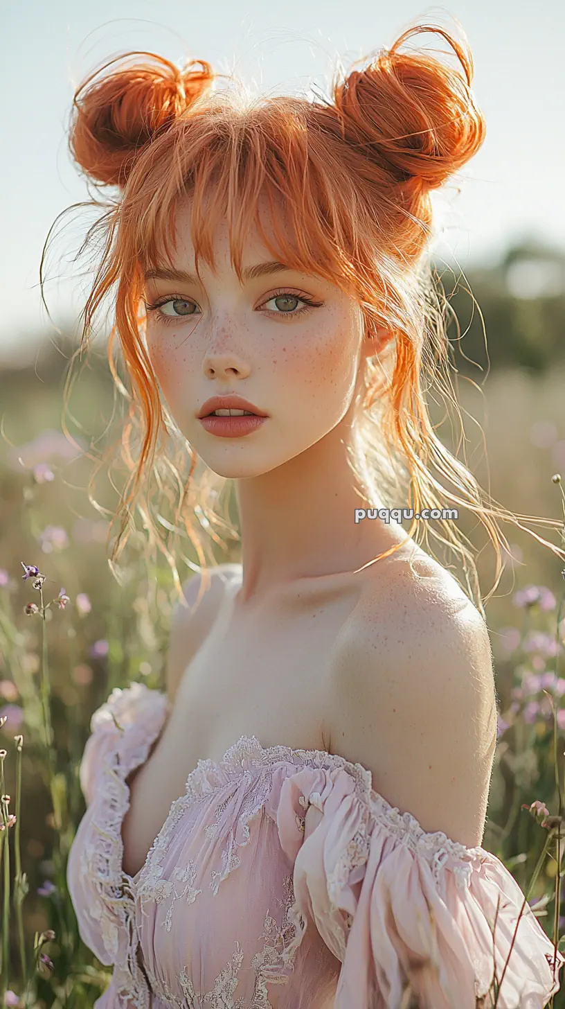 A woman with red hair styled in two buns poses in a field wearing a lace-trimmed, off-the-shoulder pink dress, surrounded by wildflowers.