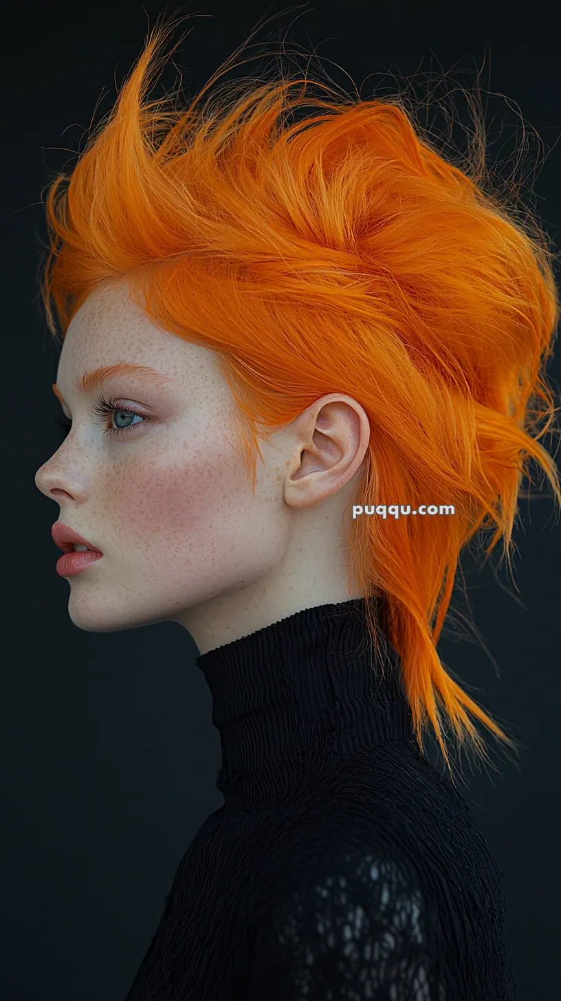 A person with bright orange hair and freckles, wearing a black turtleneck, in profile view against a dark background.