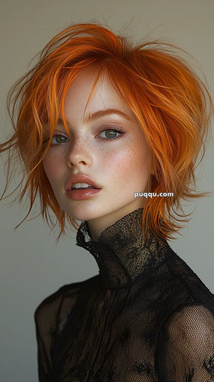 Young woman with bright orange, tousled hair and freckles, wearing a black lace top.