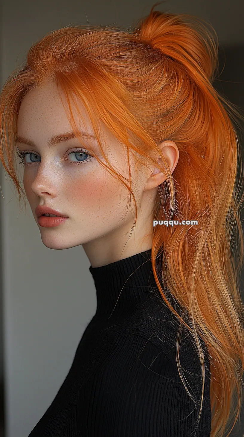 A person with long, bright orange hair in a ponytail, wearing a black turtleneck sweater.