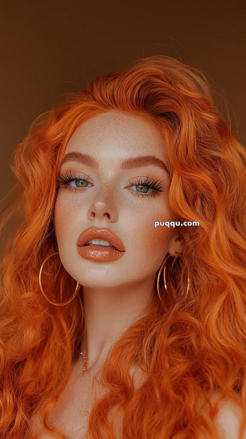 A person with vibrant red hair, wearing large hoop earrings and orange-toned makeup.