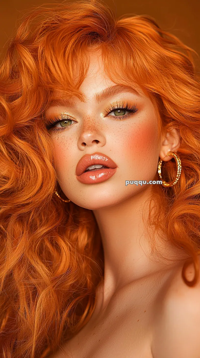 Red-haired woman with curly hair and gold hoop earrings, wearing makeup with glossy lips and light freckles.