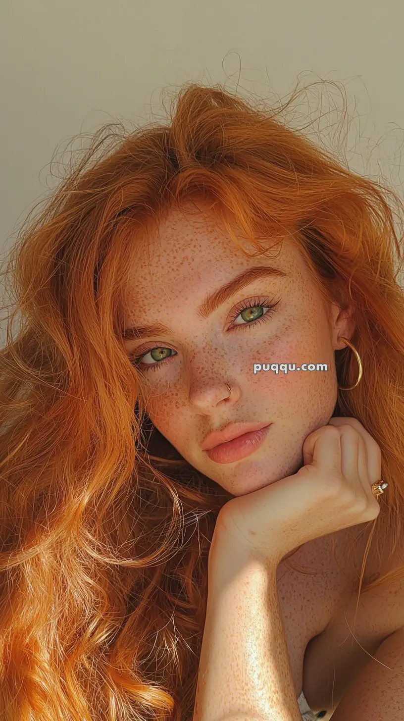 A person with red hair and freckles resting their chin on their hand, wearing a hoop earring.