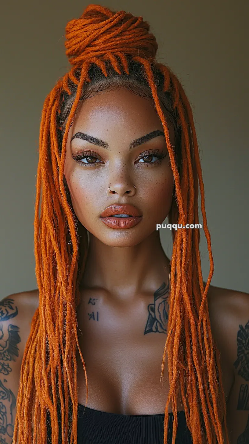 A woman with long orange dreadlocks and tattoos, wearing a black top.