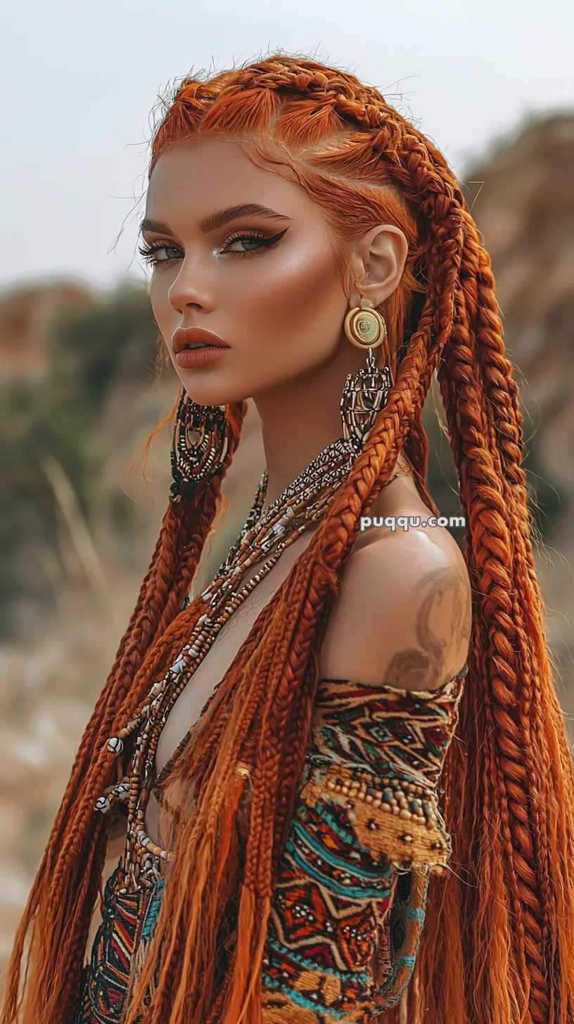 A woman with long orange braided hair, elaborate earrings, and vivid makeup, wearing a colorful patterned garment.