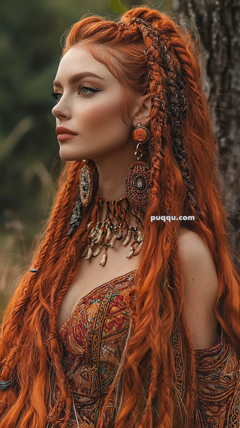 A woman with long, braided red hair, wearing ornate earrings and a patterned top, standing outdoors.