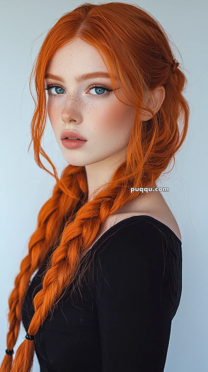 Young woman with long red hair styled in braids, wearing a black top, looking to the side.