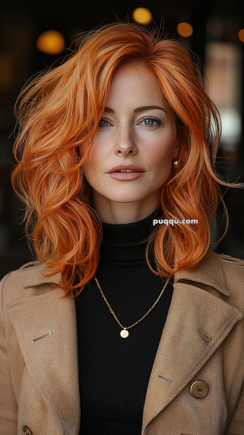 Woman with wavy red hair wearing a beige coat and black turtleneck, accessorized with a necklace.